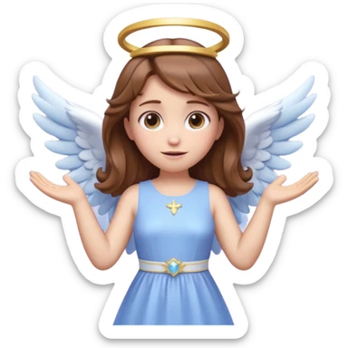 Cute 3D angel emoji, brown hair, glowing halo, small blue-white wings, pastel purple dress, hands raised, big expressive eyes, soft lighting, glossy texture, Pixar style, high detail sticker