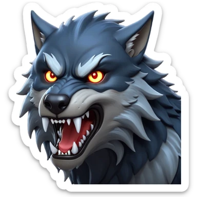 cinematic-noble-fierce-werewolf-head-close-up-emoji, poised-and-imposing, with a fierce wolfish face featuring glowing eyes full of primal ferocity, sharp, elongated fangs and a rugged snout, fur rippling in shades of midnight black and silver, muscles tensed and hunched over in an intense, threatening stance; rendered with realism, capturing the raw, untamed power of the beast beneath the moonlit sky sticker