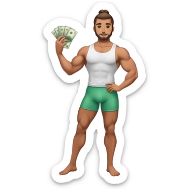 Handsome Brown guy with a glossy man bun , flexing stacks of money , full body.  sticker