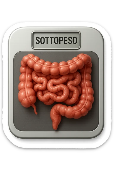 bilancia pesapersone con la scritta "SOTTOPESO" SUL DISPLAY, INTESTINO UMANO SULLA BILANCIA, stile emoji iphone, iperrealistico 4k sticker