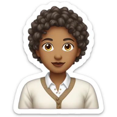 curly hair indian girl wearing a collared long sleeve white shirt under a white sweatervest sticker