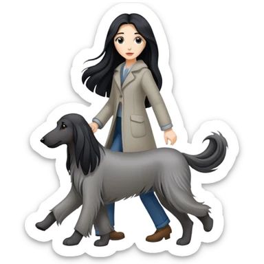 A girl with long black hair walks a gray Afghan hound sticker