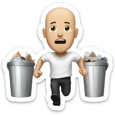 Bald man being chased by sentient trash cans sticker