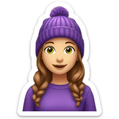 Girl with brown hair and green eyes in front of beautiful Christmas tree in new york city celebrating christmas and wearing a purple beanie sticker
