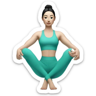 Pale skinned fit woman In a turquoise tight yoga suit and wristbands With black hair over her shoulders doing yoga sticker