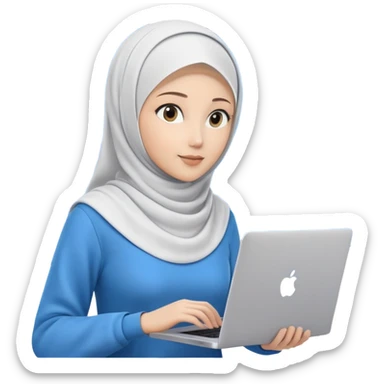 computer engineer with white hijab wearing blue outfit, no glasses, presenting her metaverse creation with a large digital screen behind her displaying virtual worlds and code, laptop open in front of her showing programming interface sticker