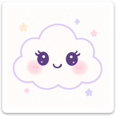 a white cloud with girly features, soft pink blush, long eyelashes, cute smile, playful feminine style, pastel colors sticker