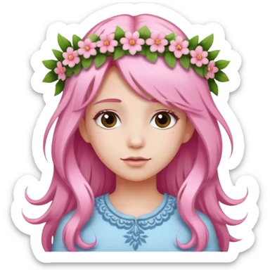 A girl with long light pink hair, wearing a matching pink floral wreath in her hair. sticker