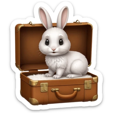 A curious rabbit nudging a tiny suitcase with its nose sticker