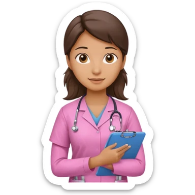 female doctor in pink scrubs holding clipboard, realistic sticker