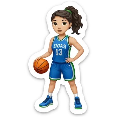 full body plus size light skin  latino women basketball player with wavy dark hair in pony tail wide nose wearing blue uniform with green accent sticker