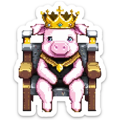 Minecraft style pig with a golden crown sitting on a throne, inspired by Technoblade sticker