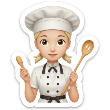 Young female pastry chef - ponytail, apron, wearing a white hat, holding a cream piping bag sticker