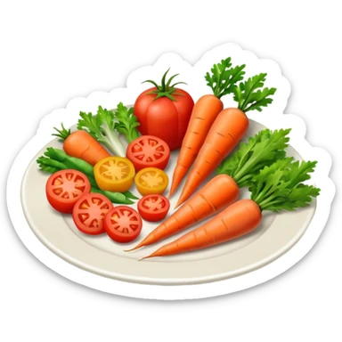 a plate of food with meat and vegetable and carot and tomato sticker