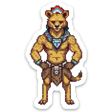 A native strong buff hyena with war bonnet flexing posing full body holding a chopped off human head by the hair  sticker