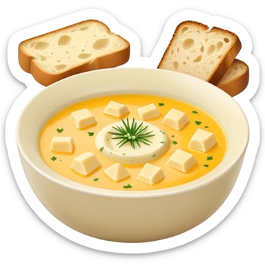 cheese soup with garlic, and cubes of dry dark bread in bowl sticker