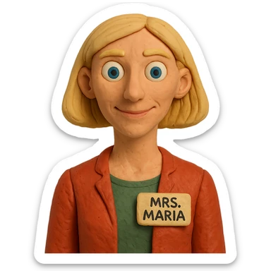 claymation style Mrs. Maria, math and artificial intelligence teacher, no glasses, thin nose, blonde eyebrows, blonde bob hair, blue eyes sticker