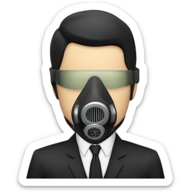 Poker face man, black hair and black gas mask on and black pant suit sticker