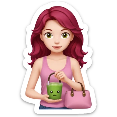 a pretty fair bratz girl with wavy dark red hair, wearing a pink tank top , carrying a matcha and a pink bag sticker