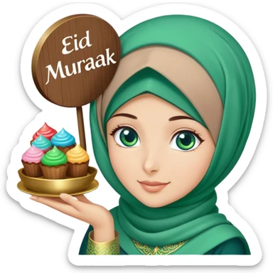 Turkish beautiful finish Konya girl blue eyes with green emerald hijab islamic dress and had on her hand text Eid Mubarak with sweets and celebrating with her friends eid days   sticker
