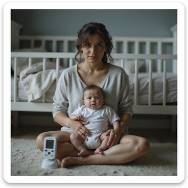 hyperrealistic 4K image of new mother sitting on nursery floor, baby monitor in hand, surrounded by safety devices, dark circles under eyes, worried and exhausted, safe and detailed nursery sticker