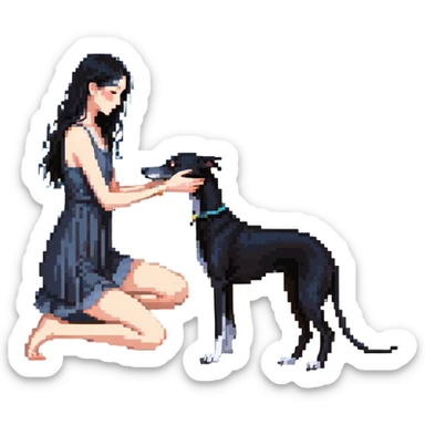 A very beautiful and attractive 25-year-old Japanese woman with long flowing black hair gently petting a SOLID DARK GREY whippet on a beach at night under a starry sky. The woman's hand is lovingly stroking the whippet. The whippet MUST be COMPLETELY SOLID DARK GREY with ABSOLUTELY NO WHITE MARKINGS ANYWHERE - no white chest, no white face, no white paws, no white tip on tail - ENTIRELY ONE SOLID DARK GREY COLOR throughout the entire dog. Deep blue night sky filled with bright stars, moonlight reflecting on the ocean, sandy beach in the foreground. sticker