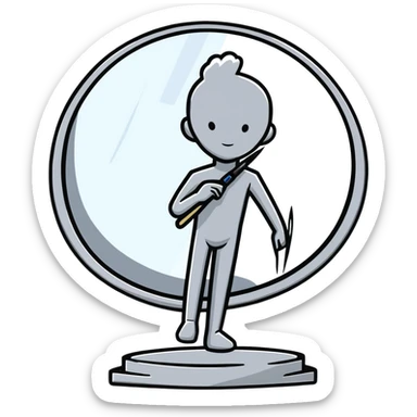 A paintbrush transforming into a silver human silhouette sculpture emblem, symbol of artistic identity, with a mirror-like silver metallic finish sticker