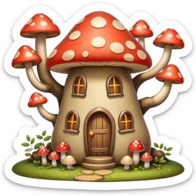 A whimsical style, mysterious yet very warm and beautiful mushroom house within tall skinny lush & bare trees sticker