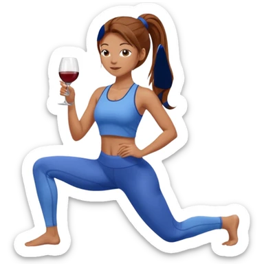 Девушка с каштановыми длинными волосами, собранными в хвост, в синем спортивном топе и синих лосинах занимается йогой с бокалом вина в одной руке sticker