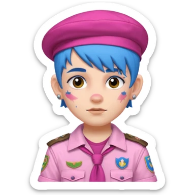 scout boy with very pink scout uniform, blue haired and hat, heavy face attoed sticker