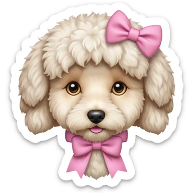 white fluffy labradoodle with light brown eyes and pink bow sticker