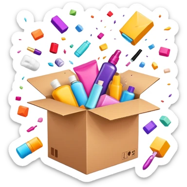 exploding cardboard box with beauty products flying out in a chaotic, disorganized way sticker