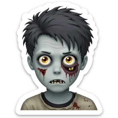 Zombie Boy with black large messy hair and teenager aparience, black background sticker