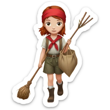 Bindle being carried by a young girl with red/auburn hair and the bindle is a long stick with a red bandana and she is walking on a dirt road sticker