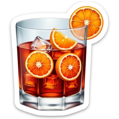 A short glass with bright red Negroni, ice cubes, and an orange wedge on top. sticker