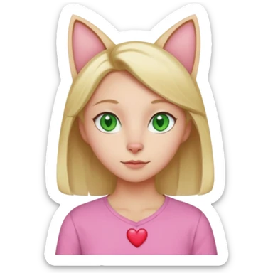 Squareded Ears Pink Skin Green Eyes Cat Shaped Pupils Heart Shaped Forehead Blonde Haired Pink Shirt  sticker