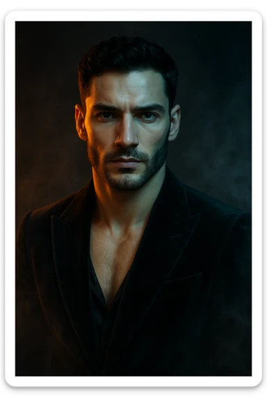 Usa questa immagine come riferimento per creare un ritratto iperrealistico e ravvicinato di un carismatico nodello maschile, ambientato in un contesto editoriale suggestivo. I volto è illuminato da fasci di luce ambrata e blU ghiaccio che contrastano tra loro, esaltando la simmetria marcata della mascella, la sottile barba incolta e uno sguardo penetrante e sicuro. I| modello indossa una giacca sartoriale scura in morbido velluto, leggermente sbottonata sul colletto. Lo sfondo sfuma in un profondo gradiente antracite con una delicata foschia cinematografica e sottili bagliori di luce. Un lieve velo di nebbia avvolge la sua silhouette, accentuando un'atmosfera sofisticata e misteriosa. L'effetto complessivo evoca un'eleganza di alta moda con un tocco moderno e malinconico, ideale per una campagna pubblicitaria di lusso o per la copertina di una prestigiosa rivista. sticker
