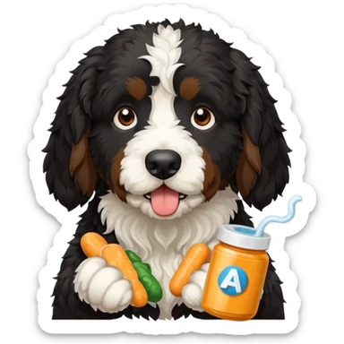 A black Bernedoodle eating a bunch of Advil  sticker