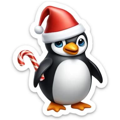 Cute penguin wearing a Santa hat and having a candy cane in its beak sticker