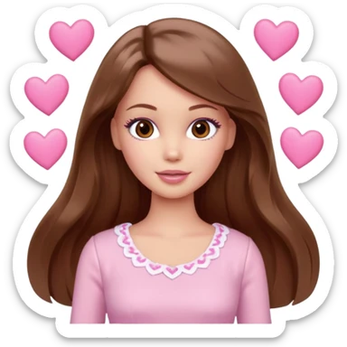 Barbie girl brown long straight wavy hair and brown eyes is In pale pink clothes There are pink hearts all around sticker