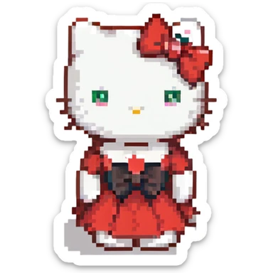 Hello Kitty sitting pose red dress classic look minimal details pixel art with a subtle bow variation sticker