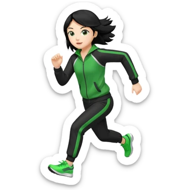 Girl with black hair and green and black track suit running sticker