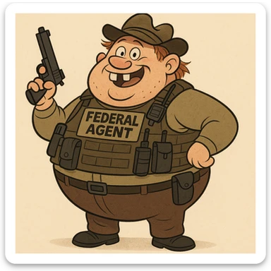 A large, round federal agent wearing a snug tactical vest, loaded with gear, with buck teeth and a silly hillbilly look, cartoonish style sticker