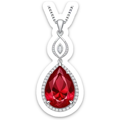 teardrop ruby pendant with fiery light, tiny phoenix feather, haloed by shimmering white stones, silver chain, symbolizing rebirth sticker