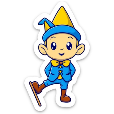 Cartoon Pinocchio puppet with growing long nose, blue outfit and pointed hat sticker
