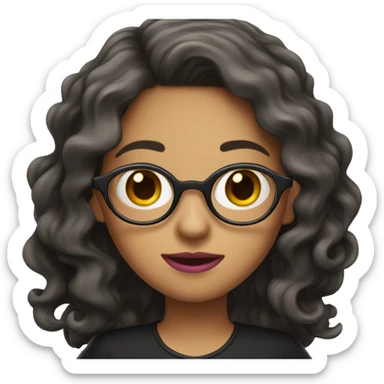 dark wavy long hair nerd girl, wearing a black dress, pink mouth sticker