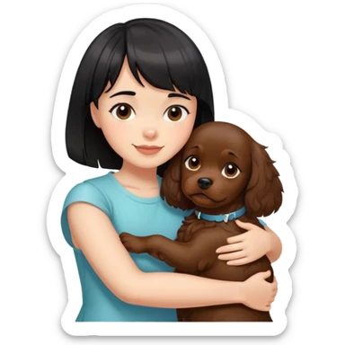 A girl with short black hair and bangs happily hugs a brown cocker spaniel sticker