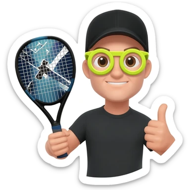 make a circular imogi of man with NOX padel bat with tennis balls as glasses and wearing a cap with black  top make circular with thumbs up sticker