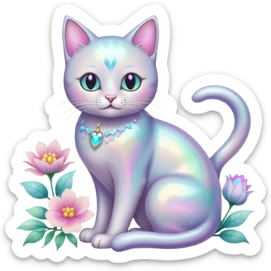 Pastel iridescent shiny glossy ethereal fantasy glittery cat with flowers and pastel colors aesthetic sticker