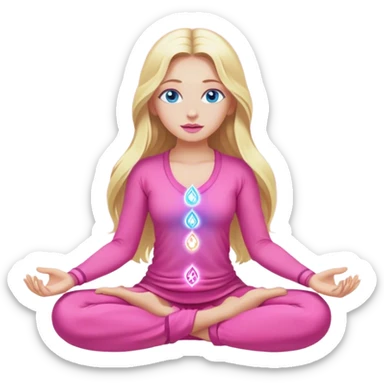 Cinematic realistic blonde with long hair, blue eyes and pink lips, wearing pink clothes, meditating, her chakras glowing sticker